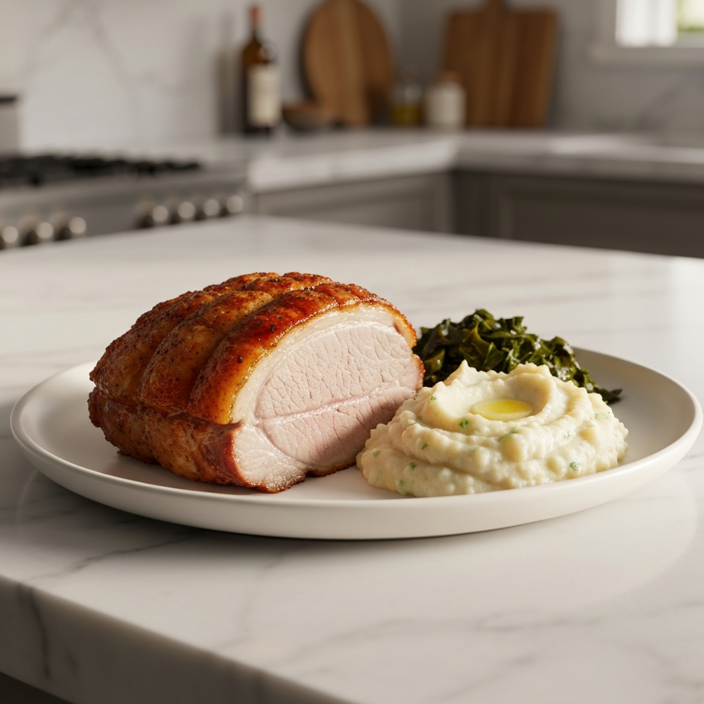 Pork Loin with Cauliflower Mash & Collard Greens