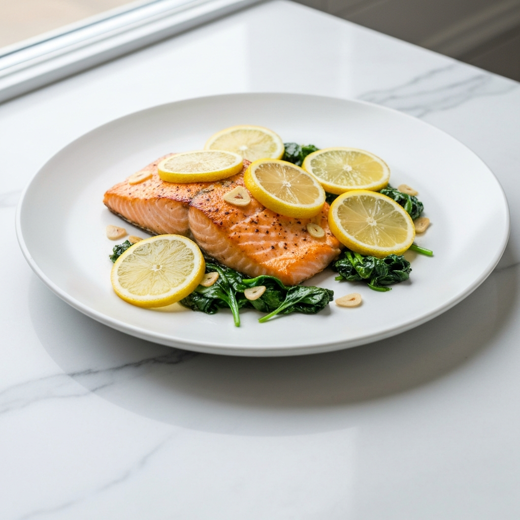 Baked Salmon with Lemon & Garlic Spinach