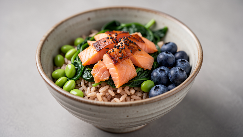 Japanese Brown Rice Bowl with Salmon & Greens